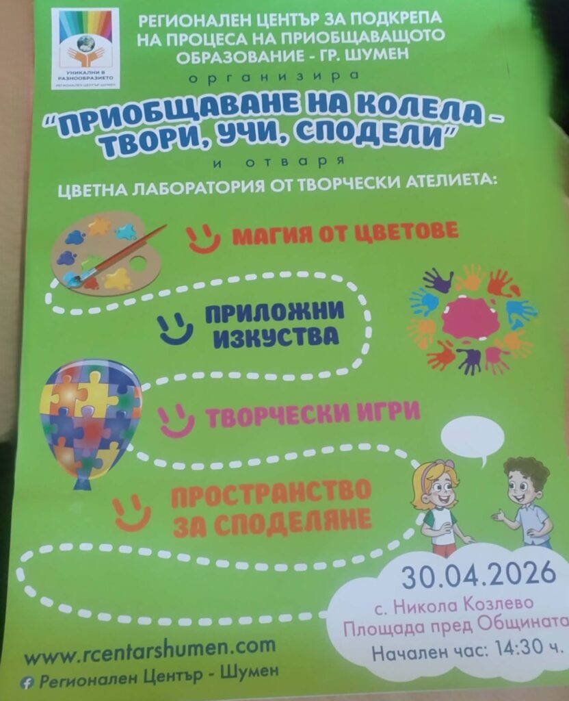 Заповядайте на празника „Приобщаване на колела – твори, учи, сподели“ в община Никола Козлево!